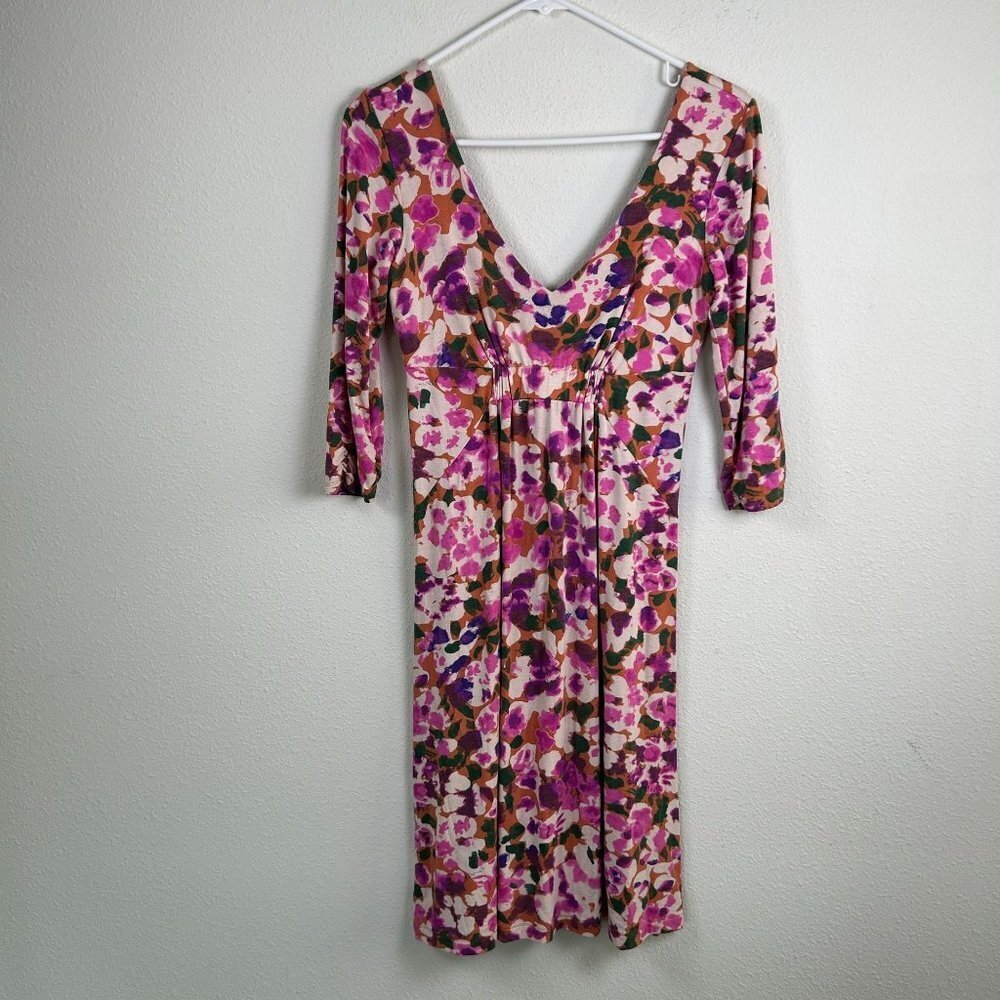 Cabi Dress Size S Pink Brown Floral Dress 3/4 Sleeve Fit Flare #110